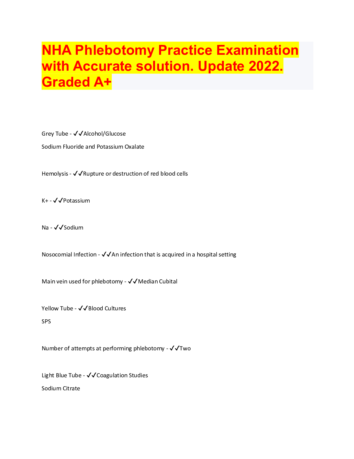 Preview image for NHA Phlebotomy Practice Examination with Accurate solution. Update 2022. Graded A+
